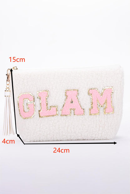 White CALM Letter Pattern Tassel Zipper Makeup Bag