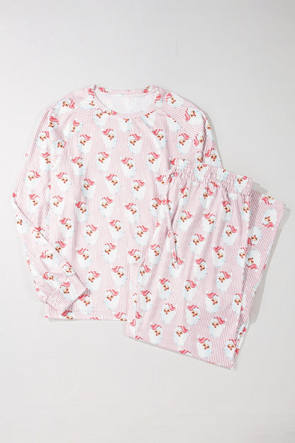 Pink Santa Claus Striped Print Loose Fit Two Piece Loungewear Set