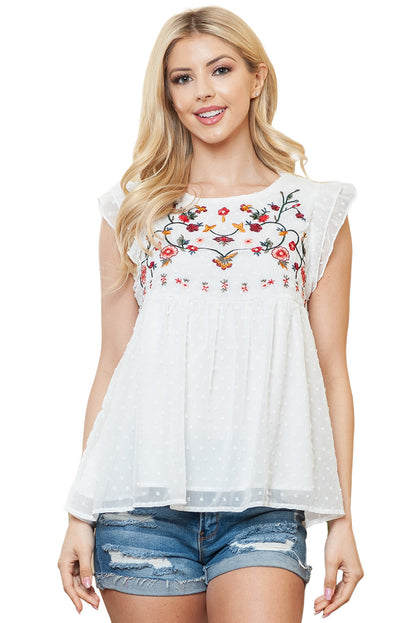 Floral Embroidered Boho Ruffle Puff Sleeve Blouse