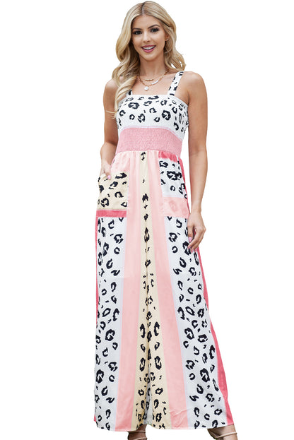 Pink Leopard Color Block Patchwork Strap Jumpsuit
