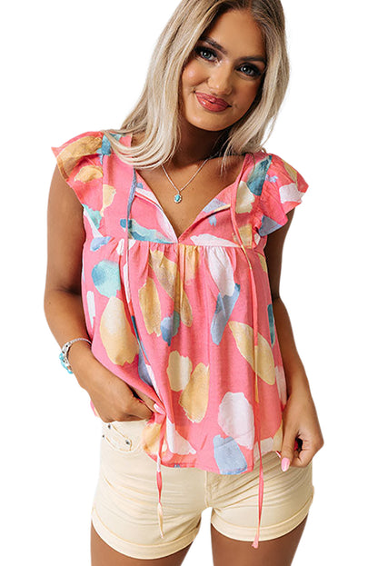 Light Blue Abstract Colorblock Ruffle Sleeveless Blouse