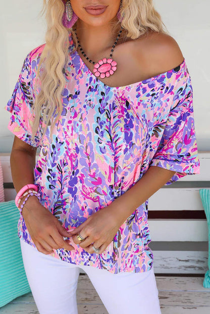 Abstract Print Wrap V Neck Flutter Sleeve Mid Length Summer Dress