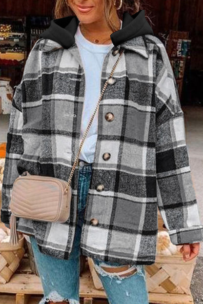 Plaid Button Front Drop Sleeve Hooded Shacket