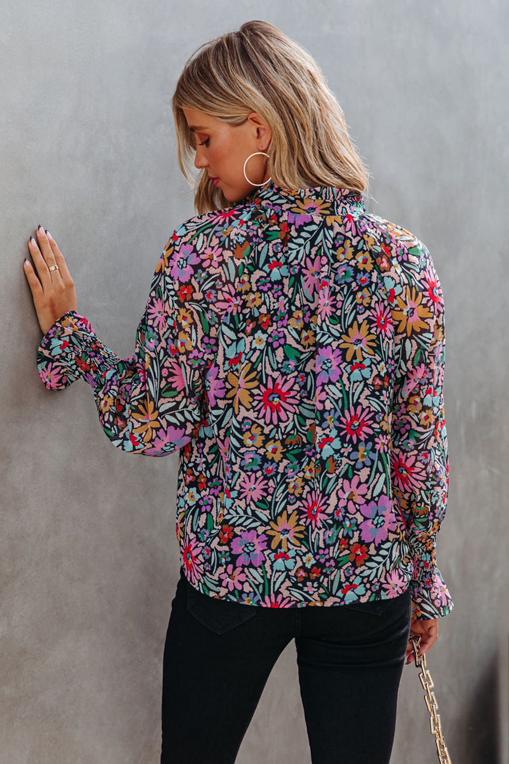 Multicolor Floral Boho Tie V Neck Peasant Blouse