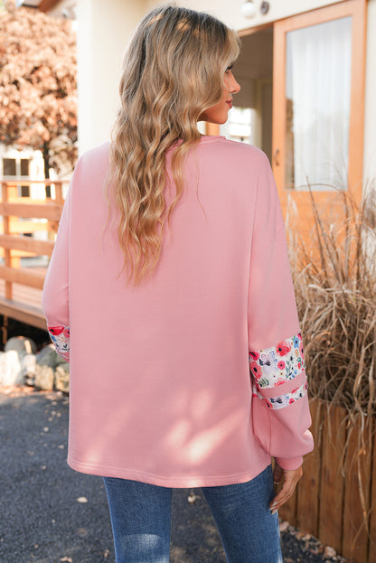Peach Blossom Flower Applique Patchwork Drop Sleeve Pullover Sweatshirt