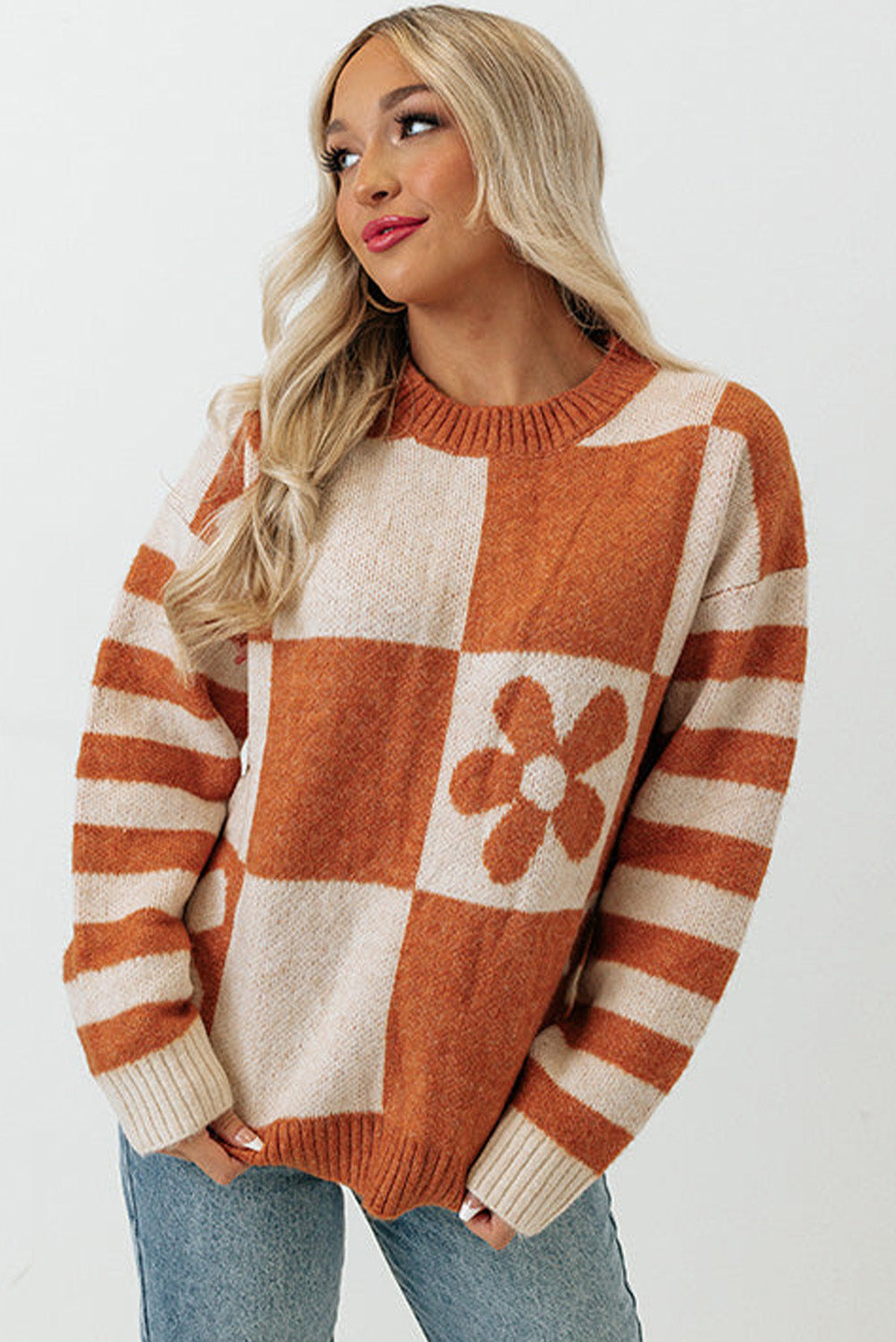 Orchid Petal Checkered and Striped Knitted Sweater
