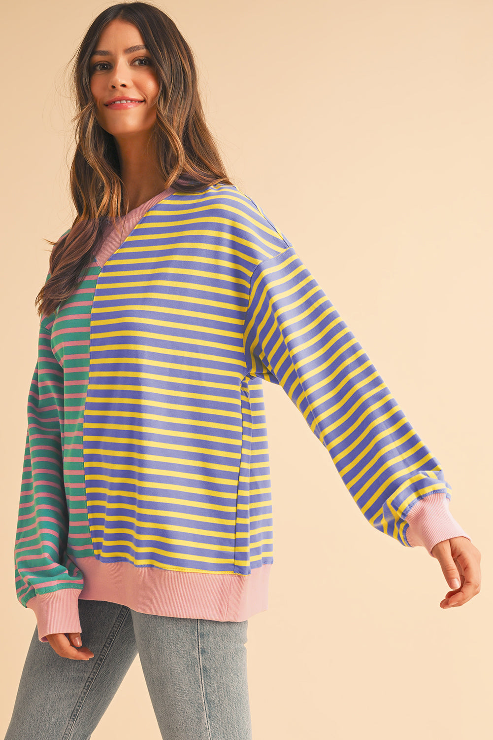 Stripe Colorblock Drop Shoulder Oversize Sweatshirt