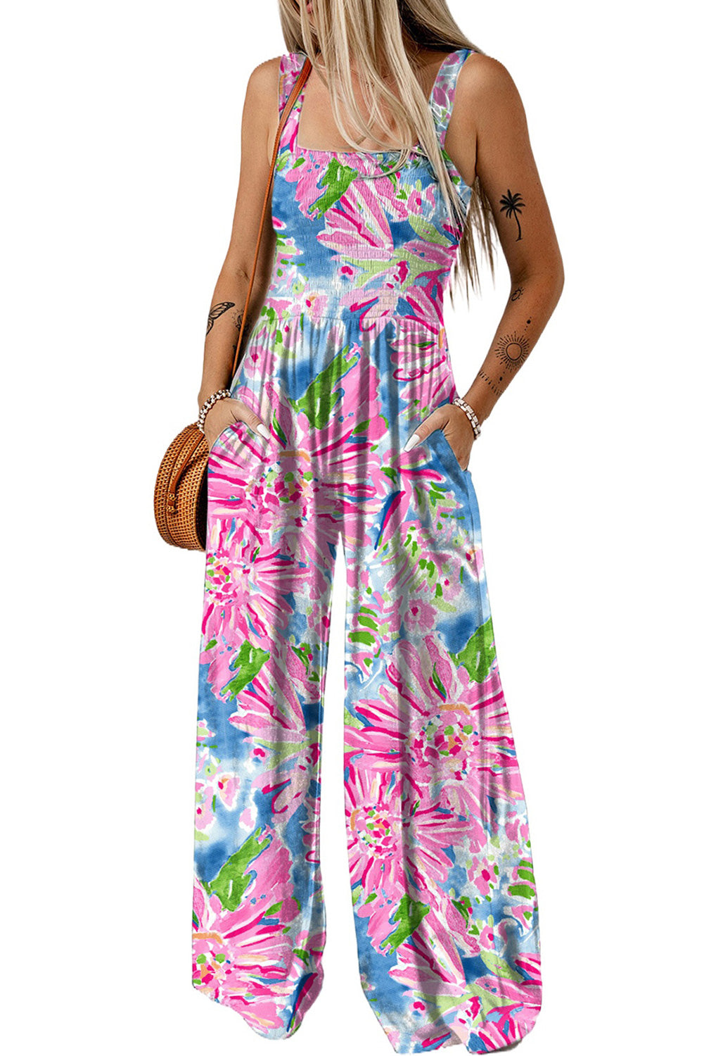 Abstract Floral Print Split V Neck Short Sleeve Blouse