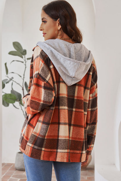 Plaid Button Front Drop Sleeve Hooded Shacket