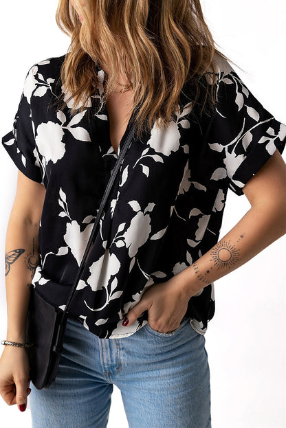 Floral Print Casual Roll Up Sleeve Blouse