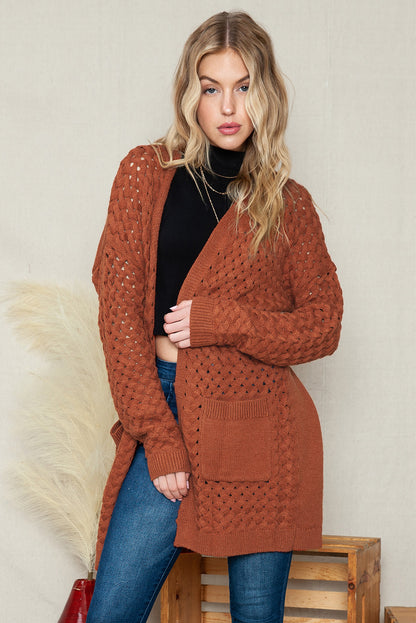 Brown Woven Texture Open Front Pockets Knit Cardigan