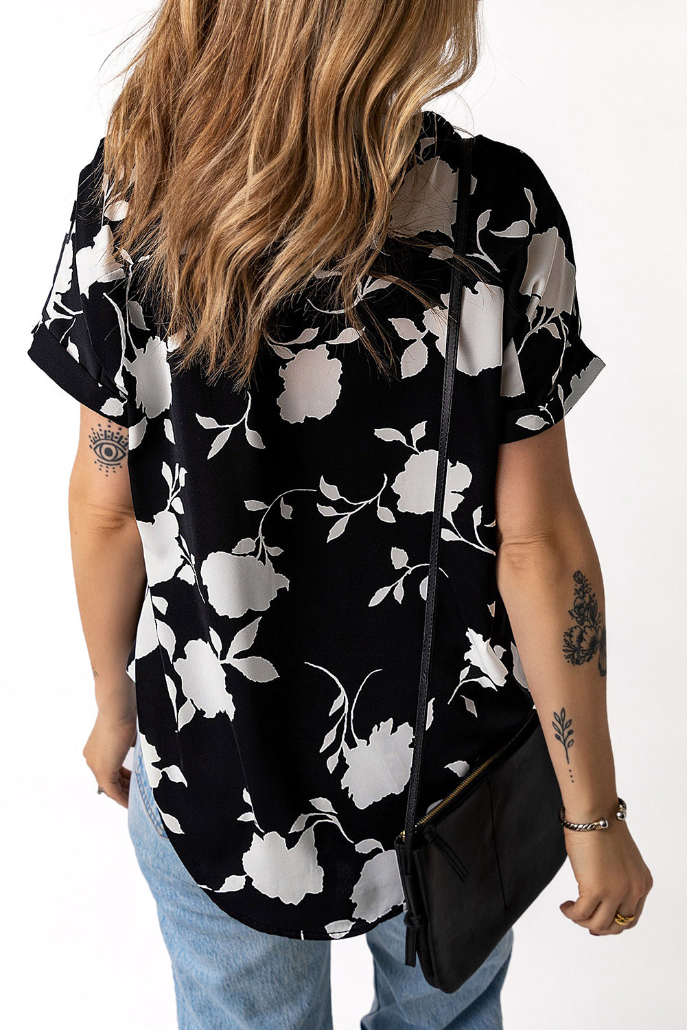 Floral Print Casual Roll Up Sleeve Blouse