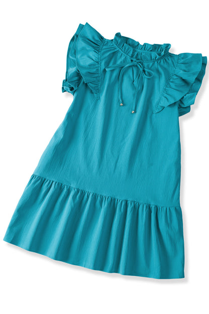 Tiered Ruffled Drawstring V Neck Short Dress With Pockets