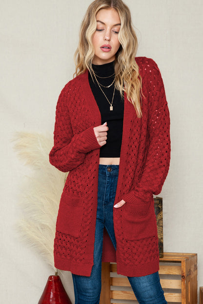 Brown Woven Texture Open Front Pockets Knit Cardigan