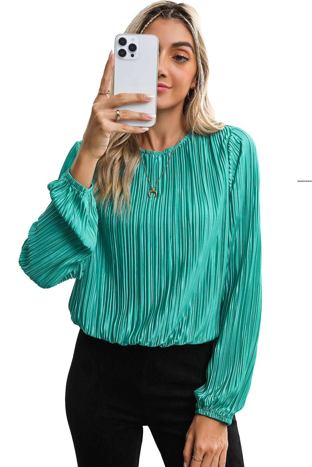 Verdant Solid Color Textured Puff Sleeve Cropped Blouse