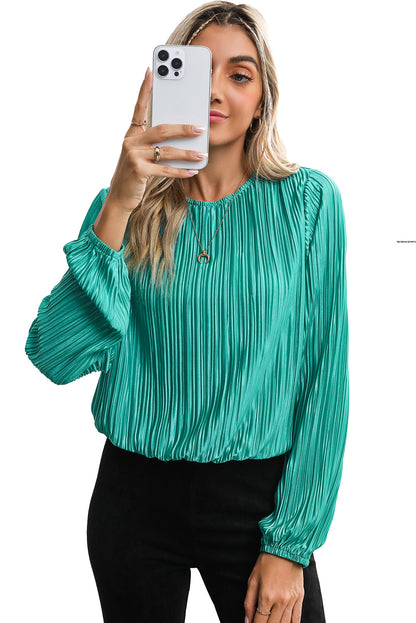 Verdant Solid Color Textured Puff Sleeve Cropped Blouse