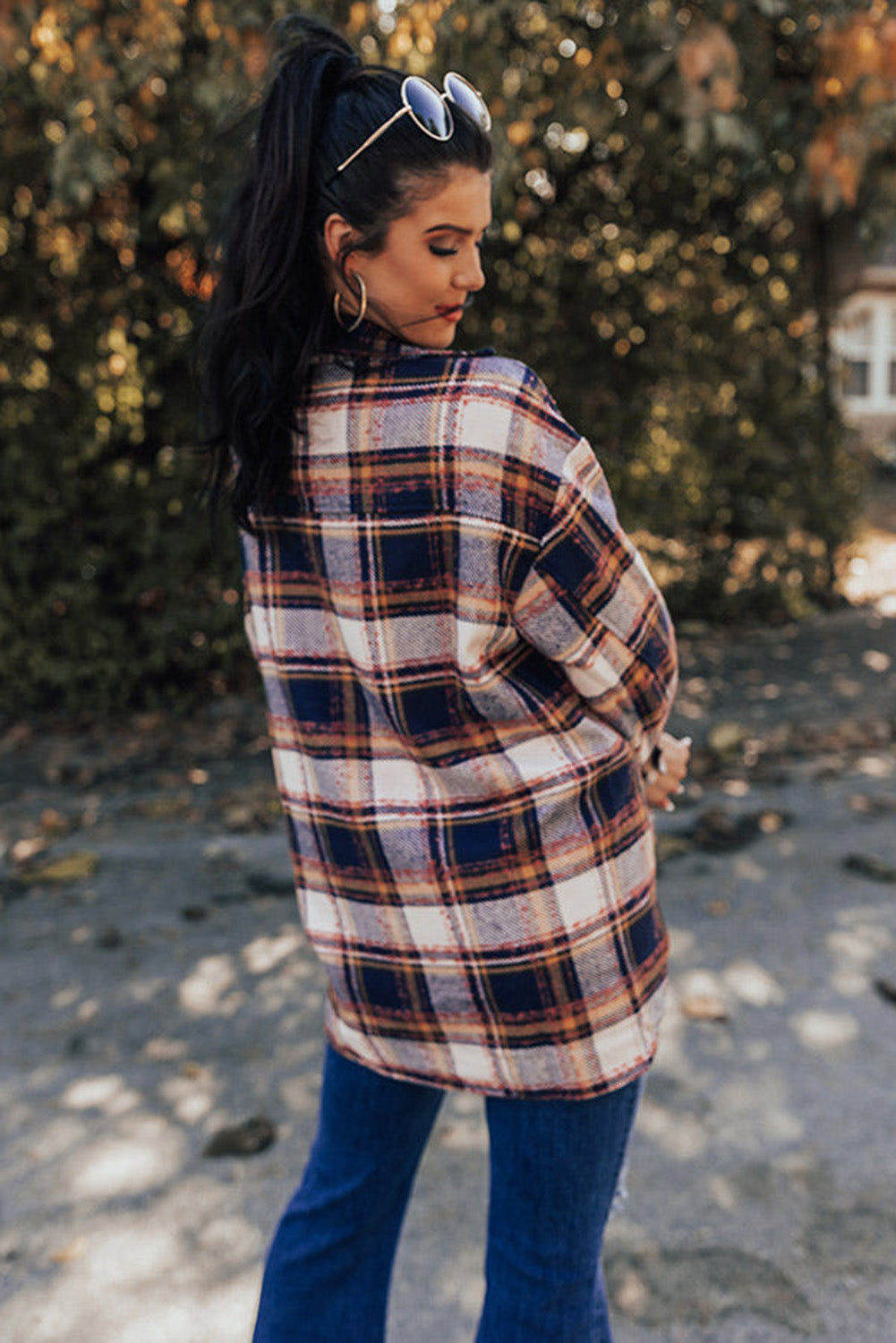 Dark Blue Oversized Flap Pockets Plaid Shacket with Slits