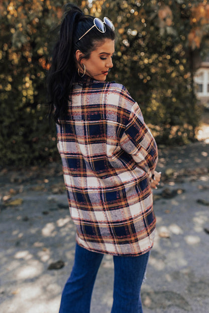 Dark Blue Oversized Flap Pockets Plaid Shacket with Slits