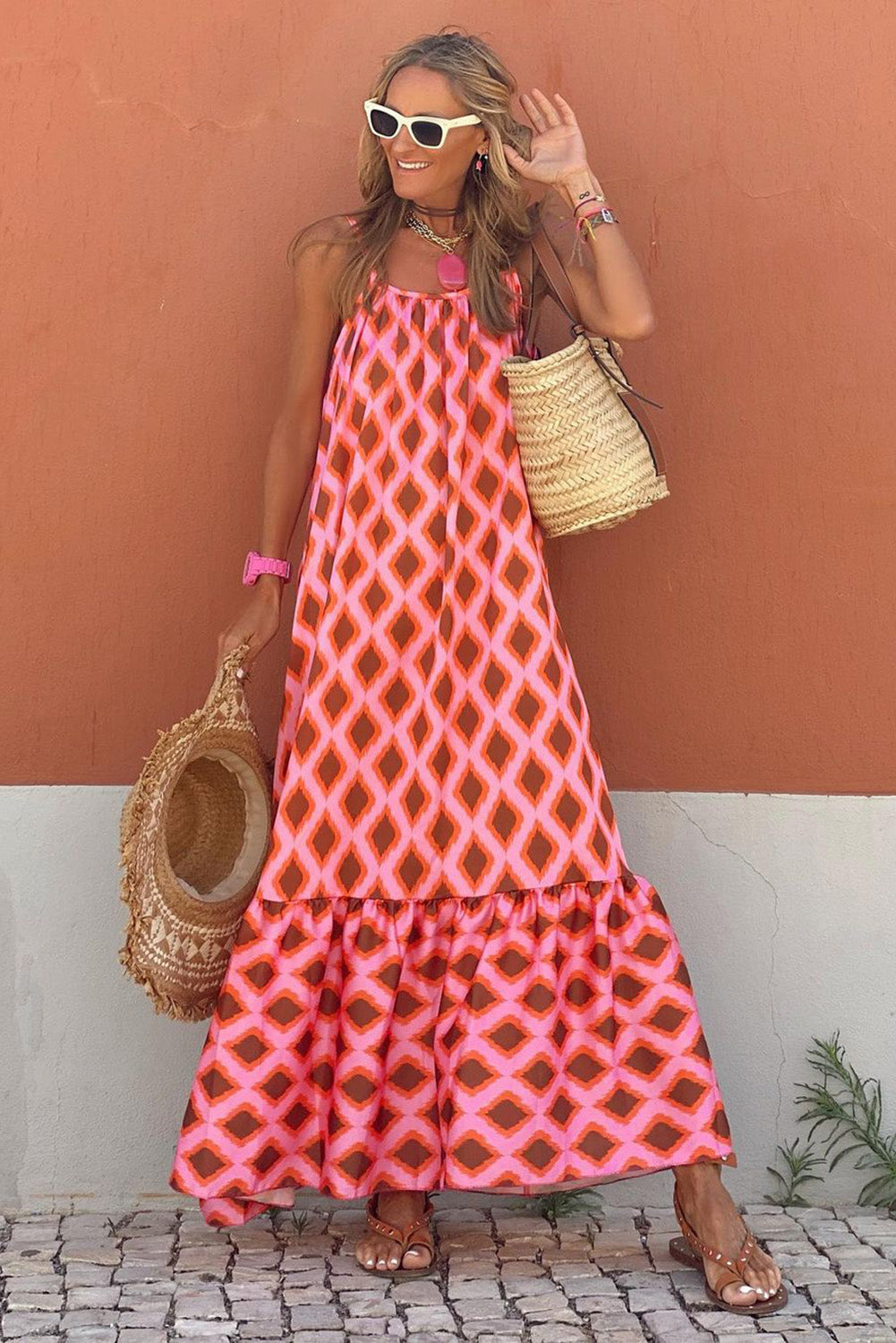 Geometric Print Loose Fit Sleeveless Maxi Dress