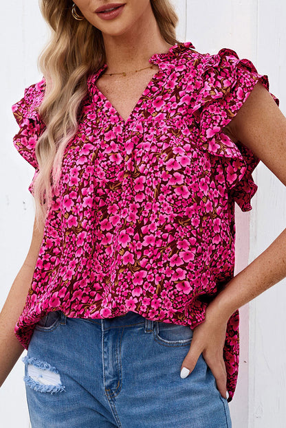 Floral Print Tiered Ruffle Sleeve V Neck Boho Top