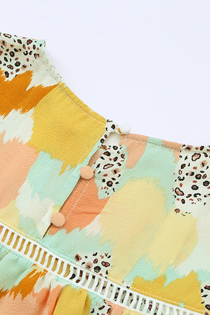Multicolor Abstract Print Boho Ruffle Puff Sleeve Blouse