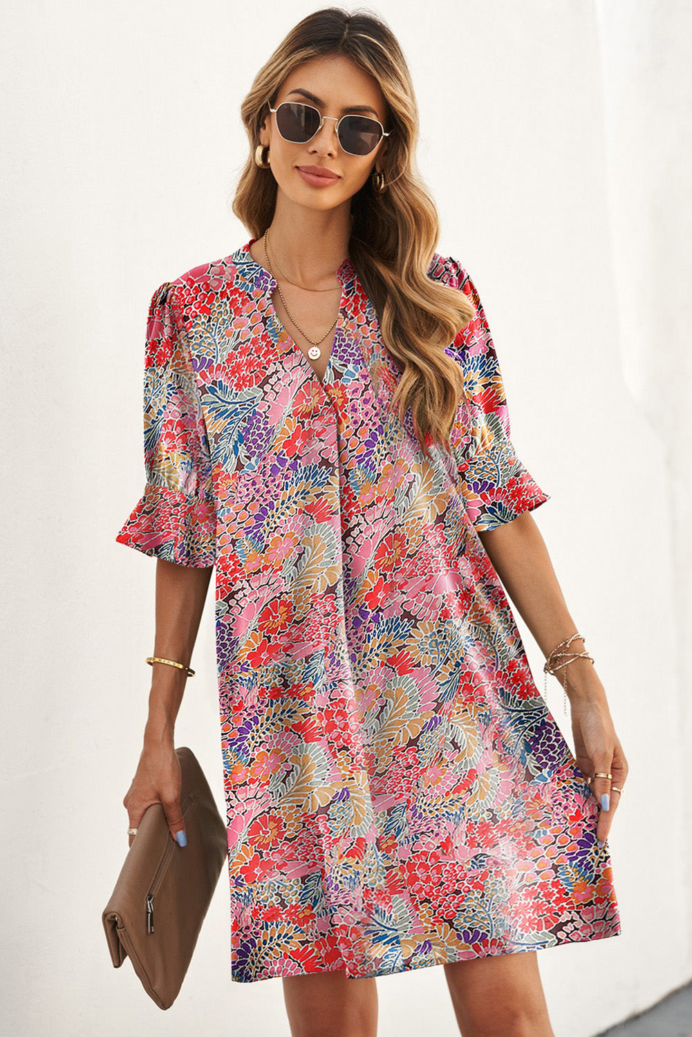 Multicolor Floral Print Smocked Cuffs Long Sleeve Blouse