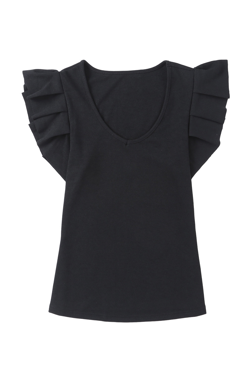 Black Rib Knitted Ruffle Shoulder U Neck Top