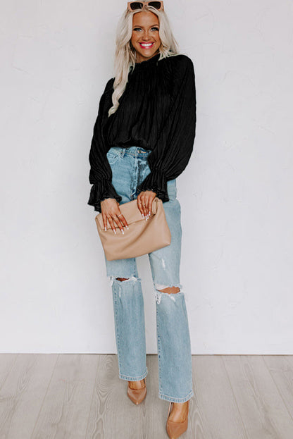 Black Crinkle Frilled Neck Pleated Long Sleeve Blouse