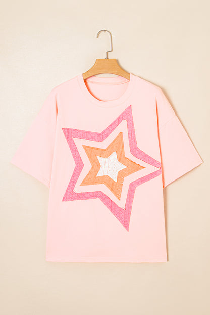 Light Pink Eyelet Colorblock Star Applique Plus Size T Shirt