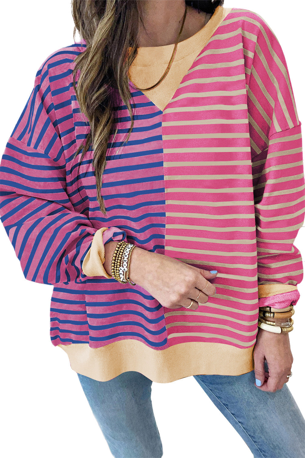 Stripe Colorblock Drop Shoulder Oversize Sweatshirt