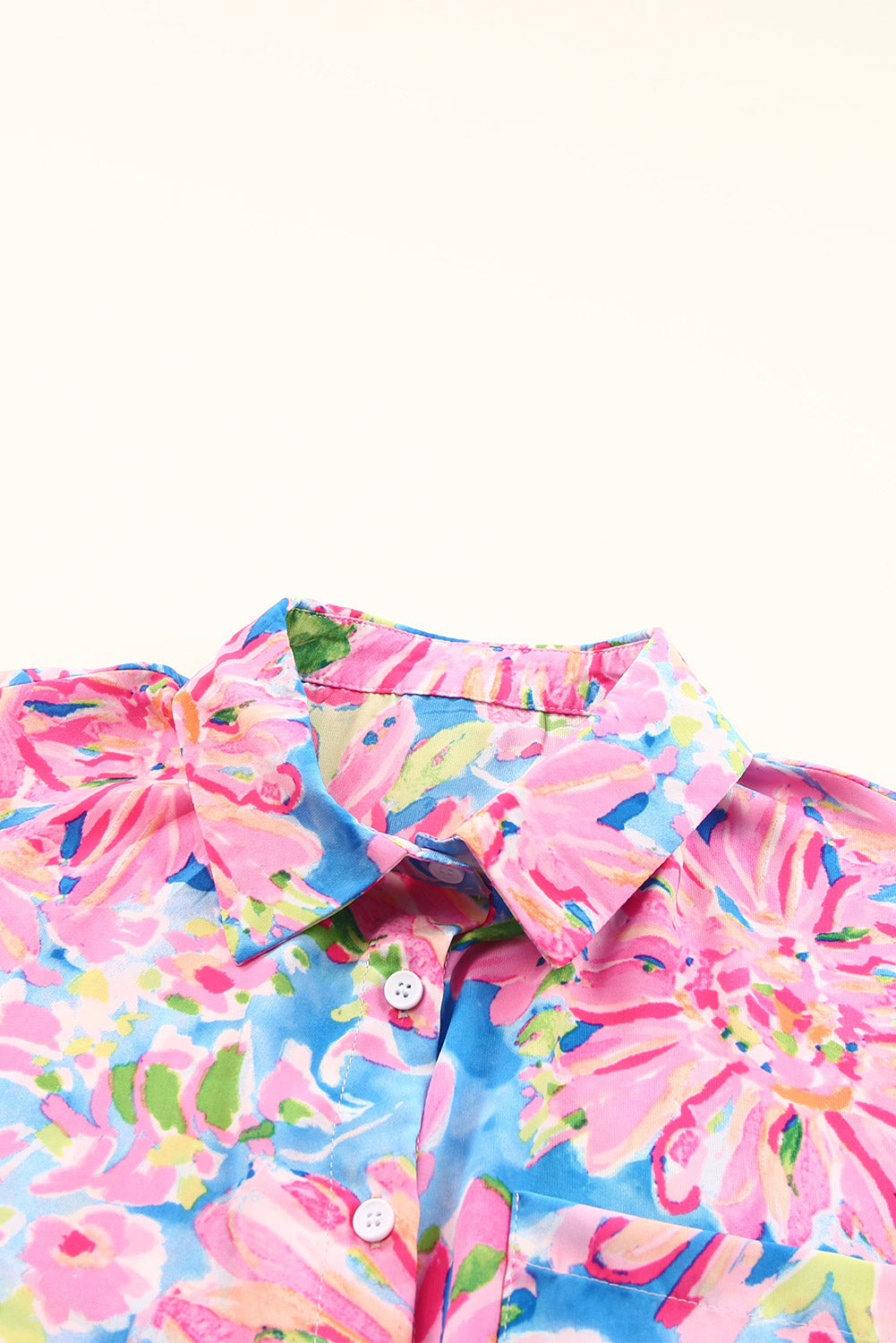 Abstract Floral Print Split V Neck Short Sleeve Blouse