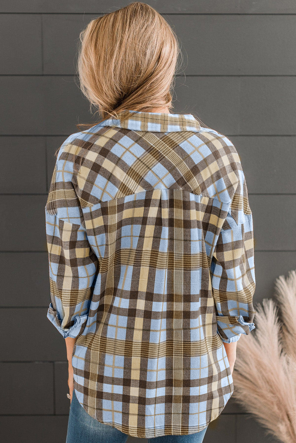Orange Drop Shoulder Rounded Hem Plaid Pattern Shirt