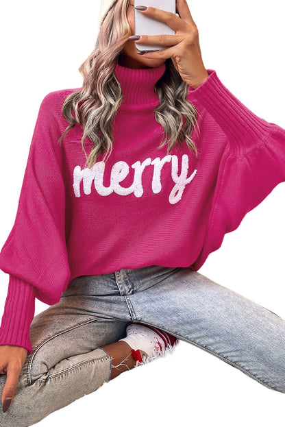 Turtle Neck Batwing Sleeve Merry Christmas Sweater