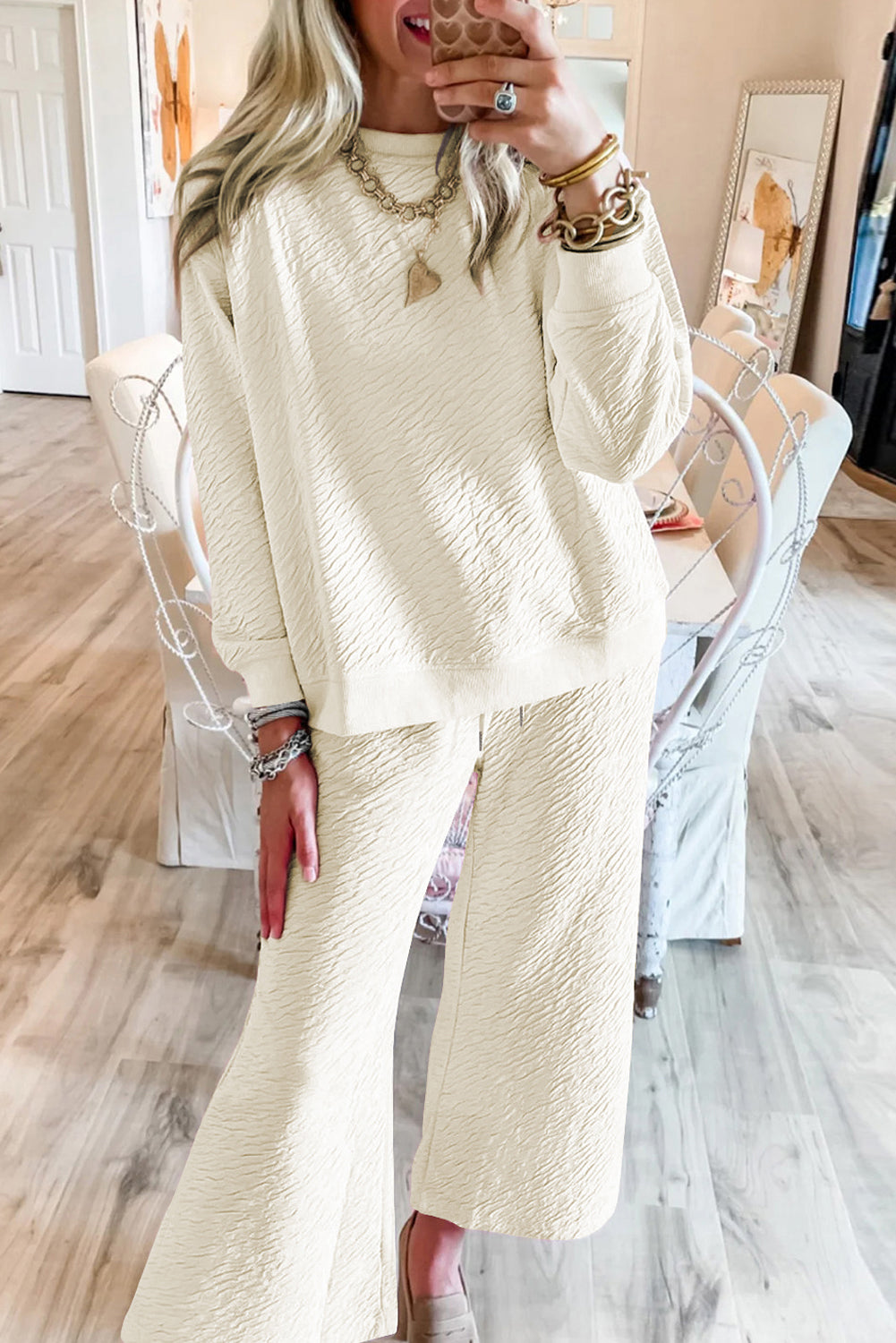 Textured Long Sleeve Top and Pants Set