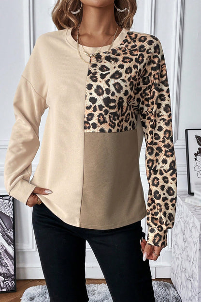 Pale Khaki Waffle Knit Leopard Contrast Casual Top