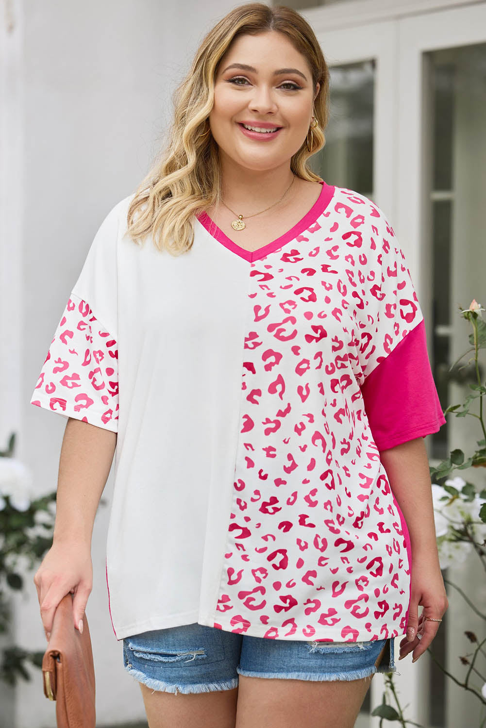 Leopard Patchwork Short Sleeve Plus Size Top