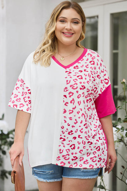 Leopard Patchwork Short Sleeve Plus Size Top