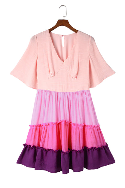 Multicolor Frill Tiered Colorblock Casual A-line Dress