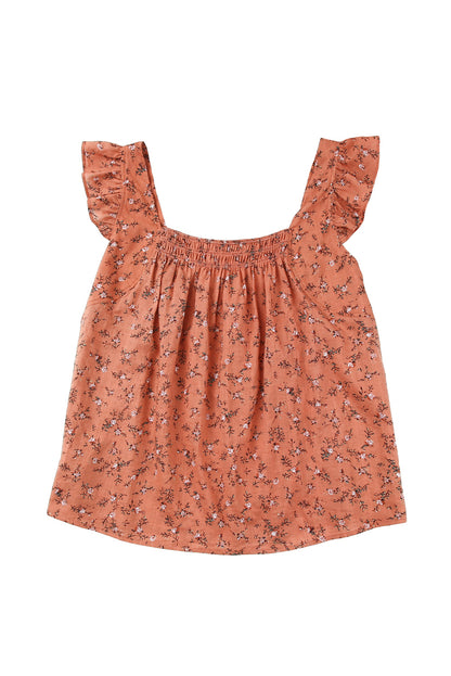 Floral Print Smocked Neck Flounce Sleeveless Shirt