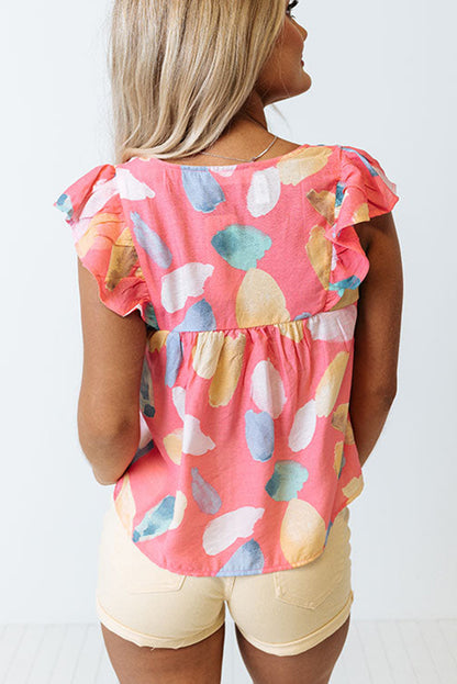 Light Blue Abstract Colorblock Ruffle Sleeveless Blouse