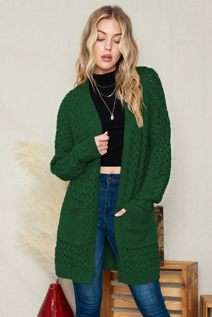 Brown Woven Texture Open Front Pockets Knit Cardigan