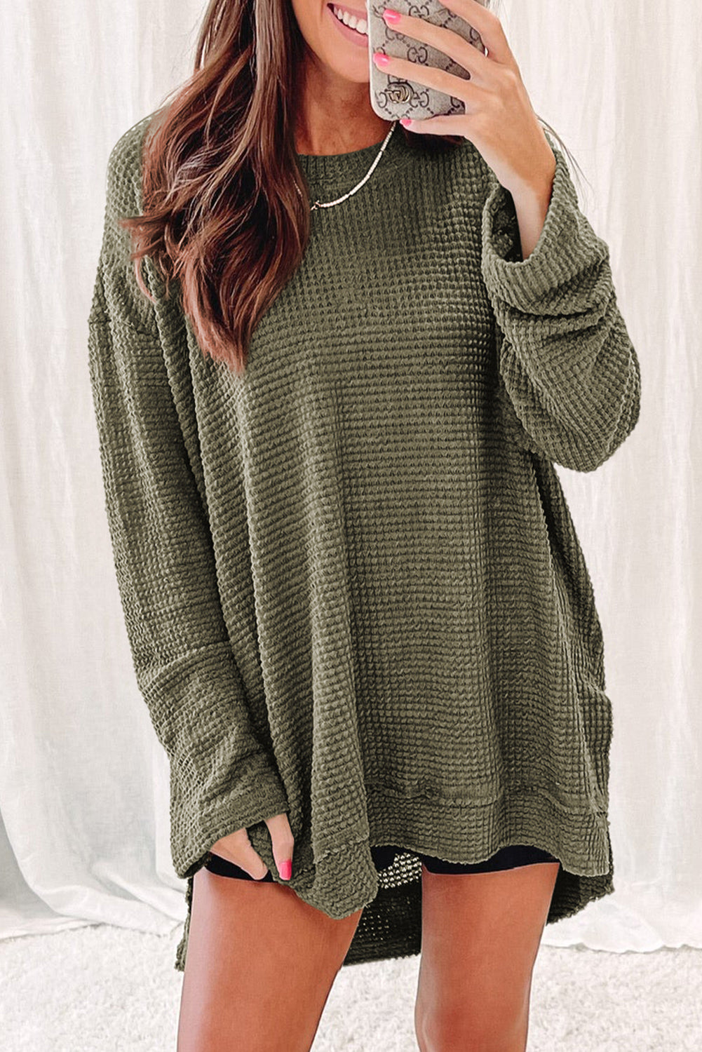 Green Waffle Knit Drop Sleeve High Slits Oversized Top