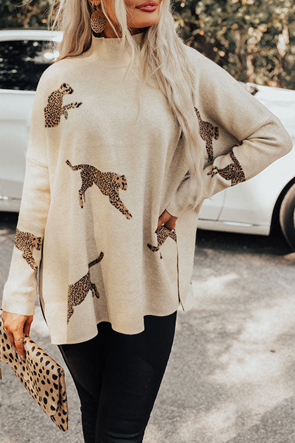 Cheetah Print High Neck Split Hem Sweater