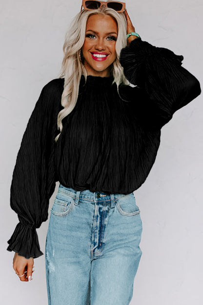 Black Crinkle Frilled Neck Pleated Long Sleeve Blouse