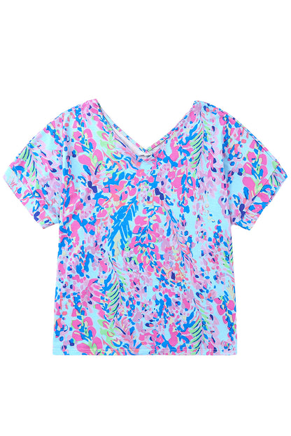 Abstract Print Wrap V Neck Flutter Sleeve Mid Length Summer Dress