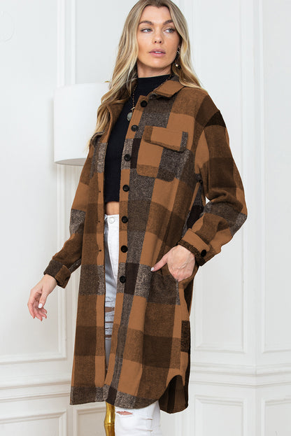 Khaki Plaid Colorblock Button Down Flap Pocket Long Shacket