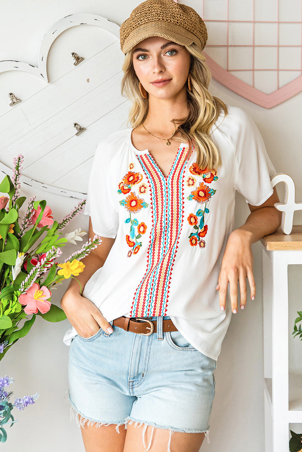 Floral Embroidered Boho Ruffle Puff Sleeve Blouse