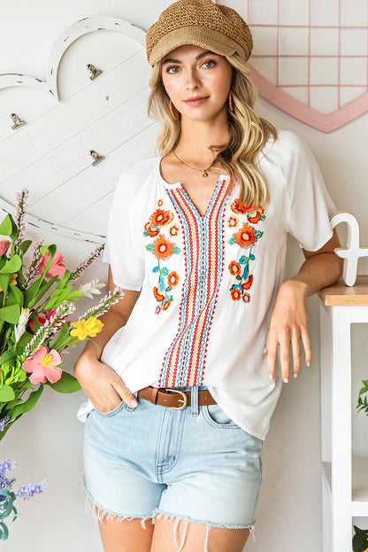 Floral Embroidered Boho Ruffle Puff Sleeve Blouse