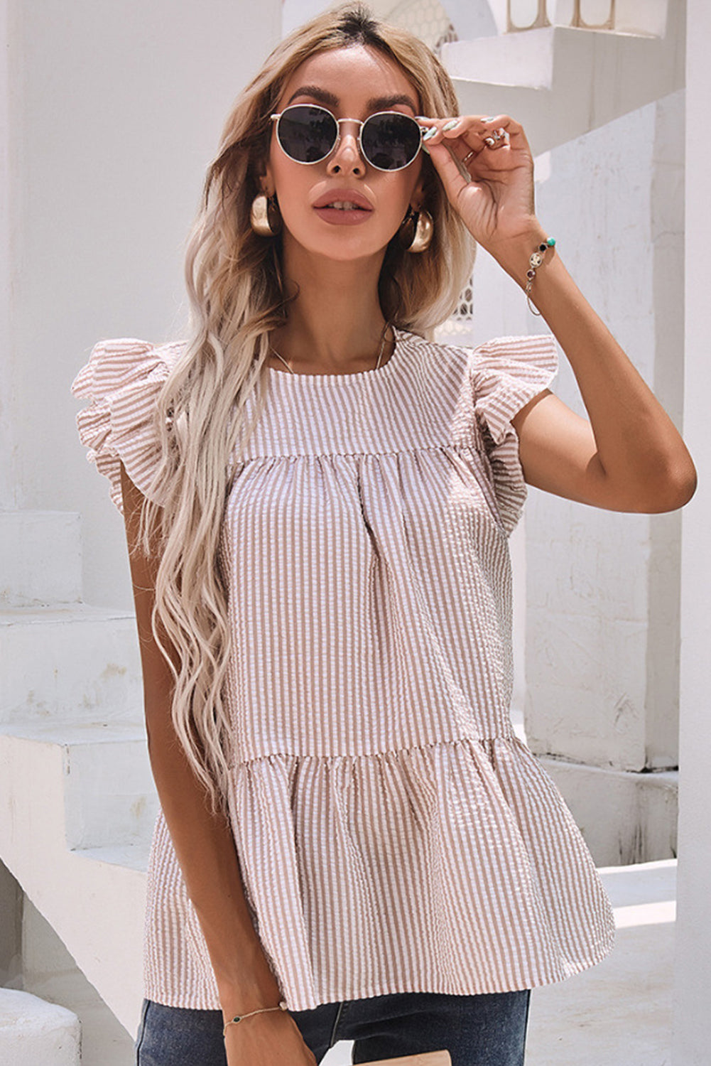 Striped Ruffle Tiered Sleeveless Shirt