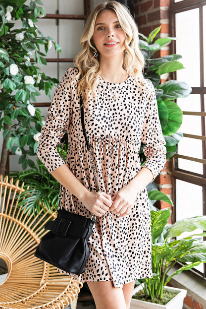 Khaki Leopard 3/4 Ruffle Sleeve Frill Neck Blouse